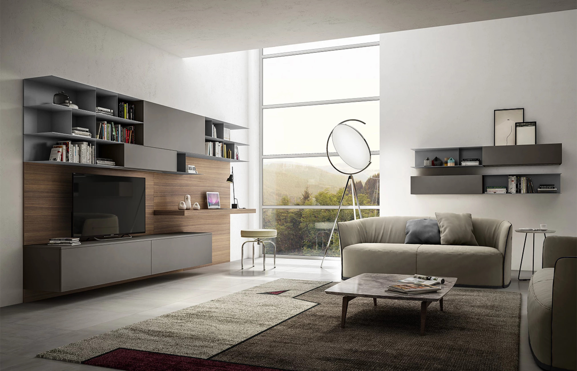 Итальянская мебель в гостиную Модерн в темных цветах, диван, стенка под телевизор, полки, ковер, окно