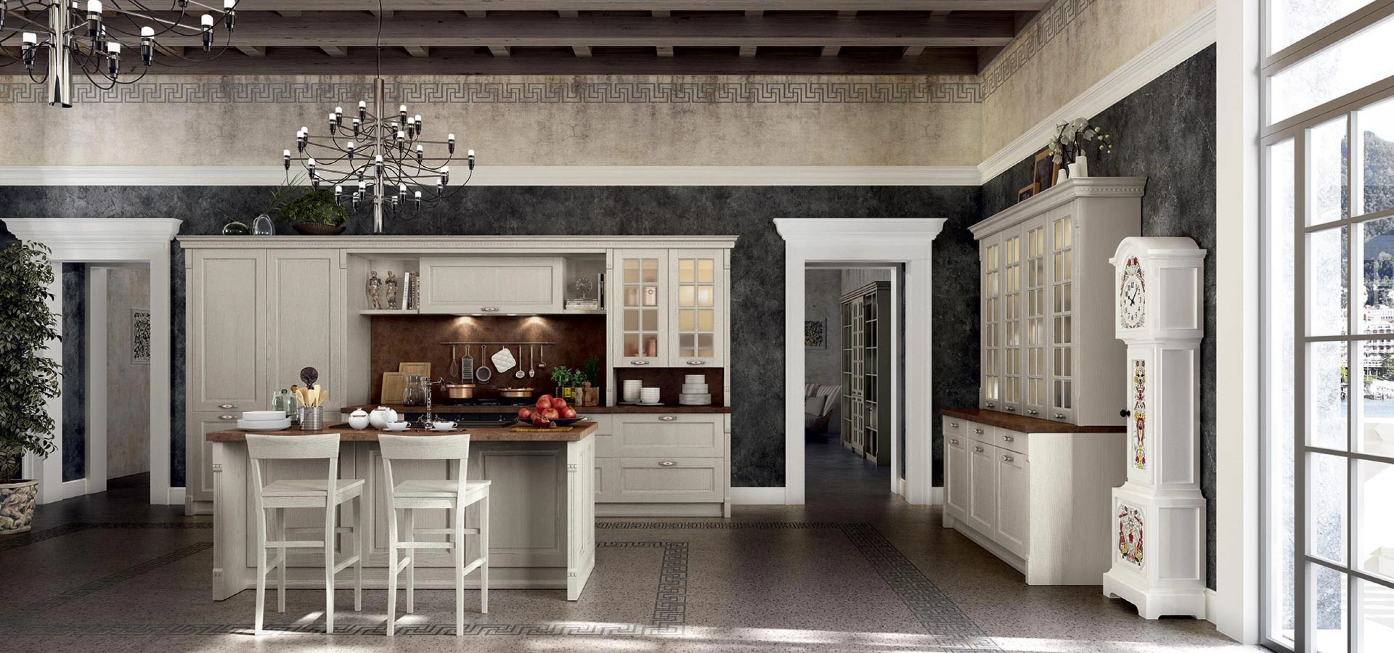 Итальянская кухня VIRGINIA в классическом стиле от фабрики ARREDO3 в белом цвете, 2 стула, продукты и кухонные приборы на столе