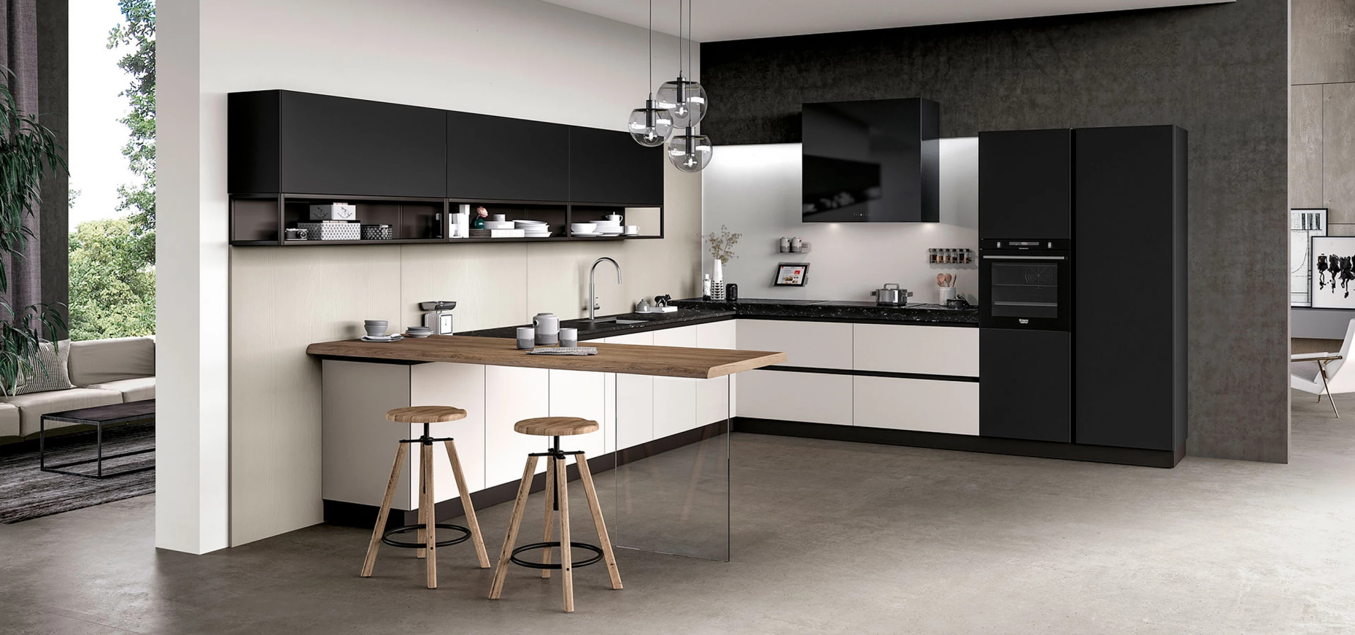 Итальянская кухня GLASS в современном стиле от фабрики ARREDO3 без ручек, в черном и белом цвете, с деревянными табуретками и стеклянным столом